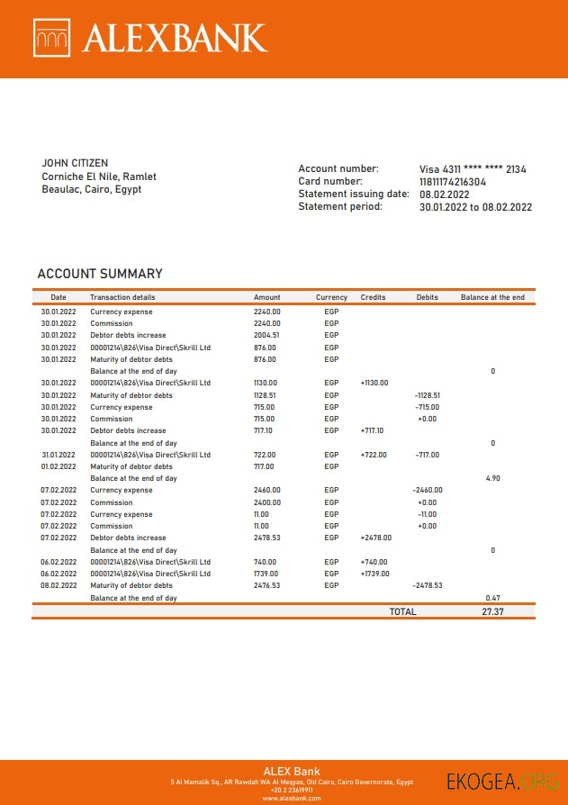 Egypte Déclaration de la banque Alex d'Egypte
